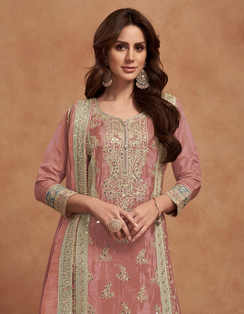 Carnation Pink Designer Embroidered Fancy Silk Party Wear Suit-Saira's Boutique