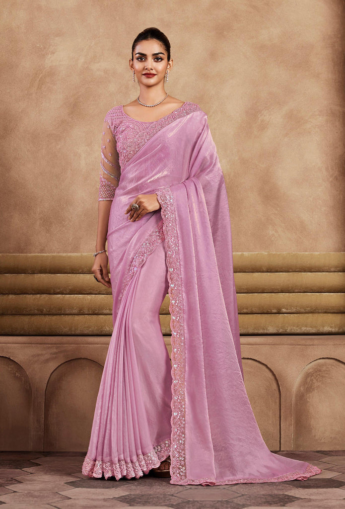 Charm Pink Designer Embroidered Silk Wedding Party Wear Saree-Saira's Boutique