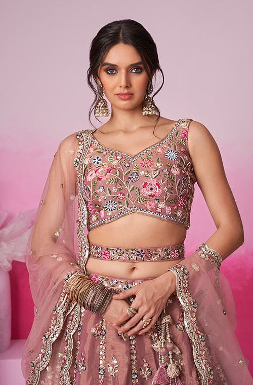 Copper Rose Designer Embroidered Wedding Bridal Net Lehenga Choli-Saira's Boutique