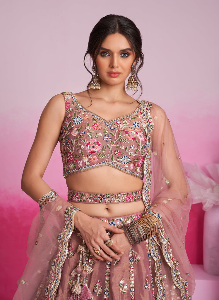 Copper Rose Designer Embroidered Wedding Bridal Net Lehenga Choli-Saira's Boutique