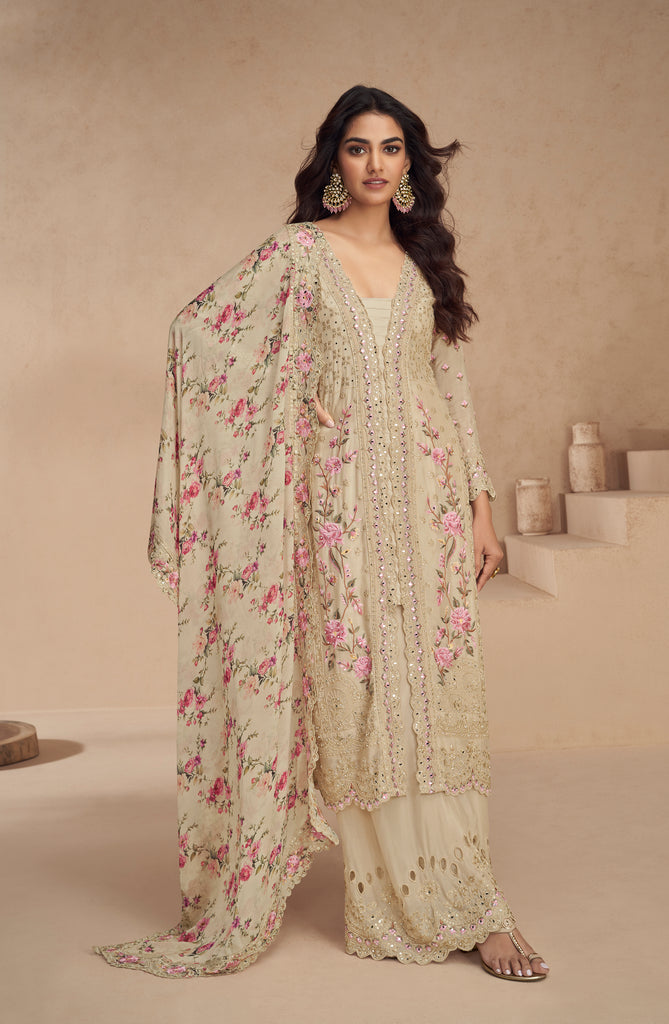Cream Beige Designer Embroidered Chinon Silk Party Wear Palazzo Suit-Saira's Boutique