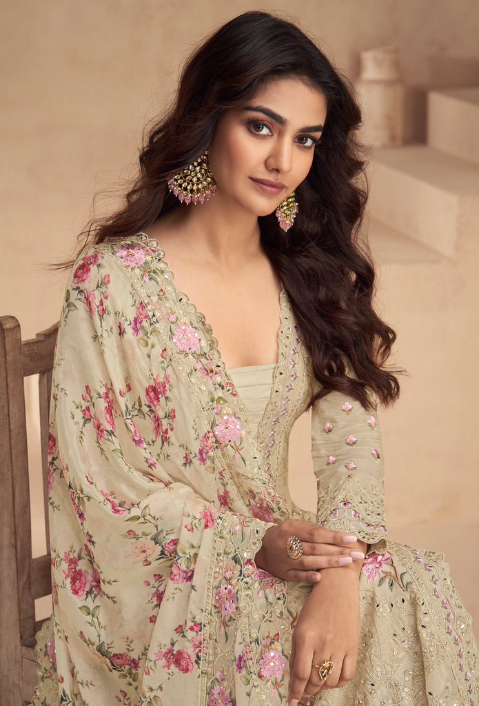 Cream Beige Designer Embroidered Chinon Silk Party Wear Palazzo Suit-Saira's Boutique