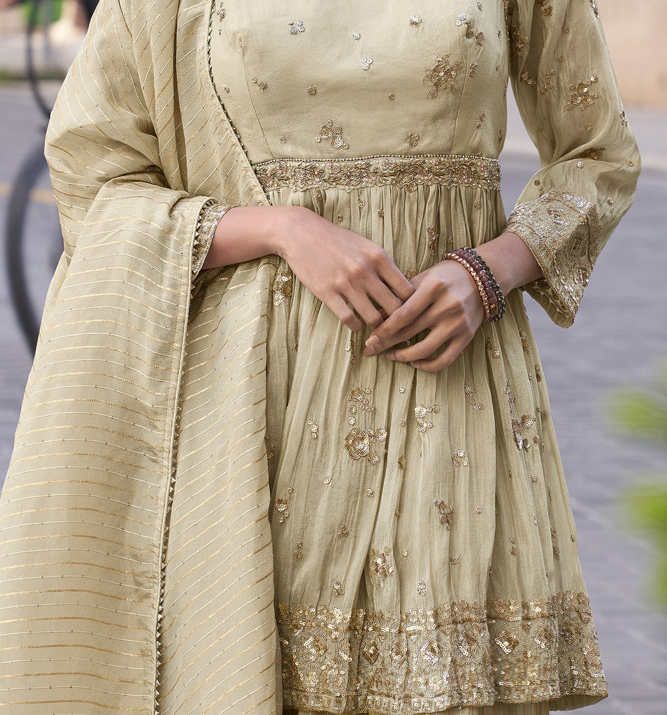 Cream Beige Designer Embroidered Party Wear Sharara Suit-Saira's Boutique