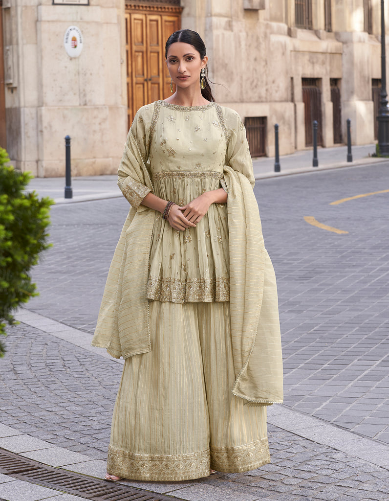 Cream Beige Designer Embroidered Party Wear Sharara Suit-Saira's Boutique