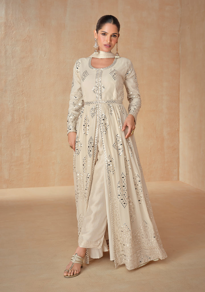 Cream Beige Designer Embroidered Pure Georgette Pant Style Anarkali Suit-Saira's Boutique