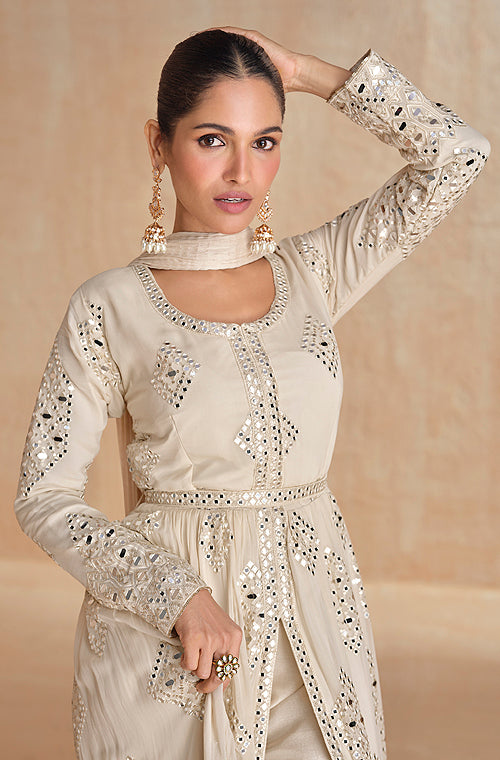 Cream Beige Designer Embroidered Pure Georgette Pant Style Anarkali Suit-Saira's Boutique