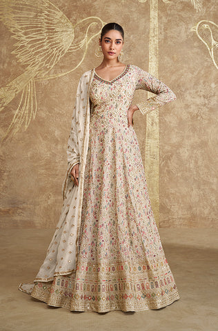 Pink & Orange Designer Heavy Work Premium Georgette Wedding Gown