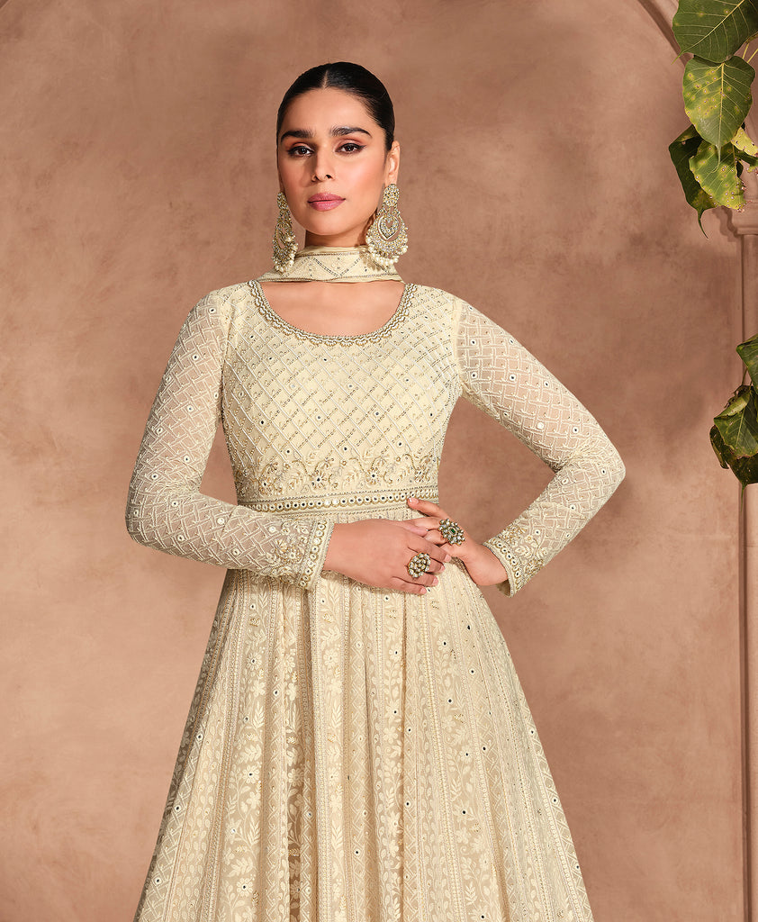 Cream Designer Heavy Embroidered Pure Georgette Anarkali Suit-Saira's Boutique