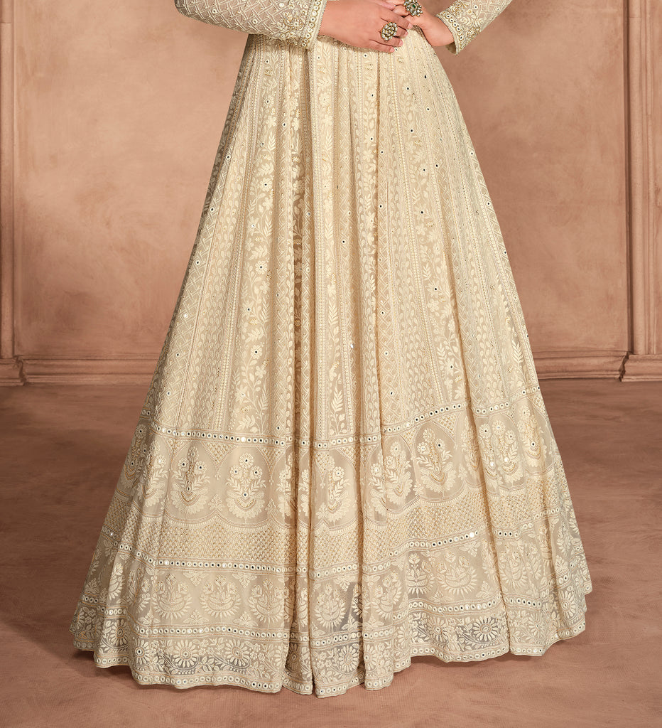 Cream Designer Heavy Embroidered Pure Georgette Anarkali Suit-Saira's Boutique