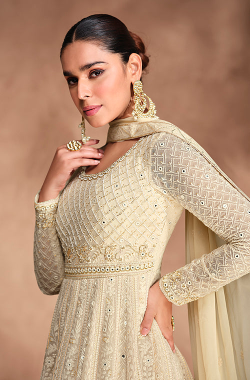 Cream Designer Heavy Embroidered Pure Georgette Anarkali Suit-Saira's Boutique