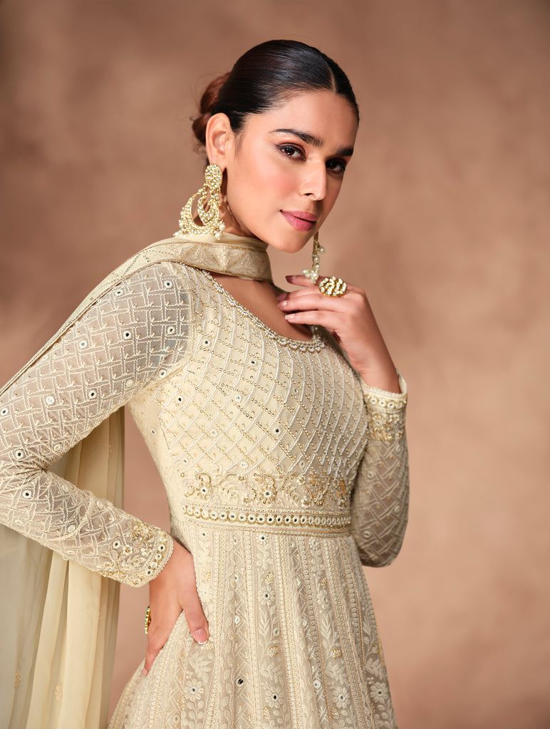 Cream Designer Heavy Embroidered Pure Georgette Anarkali Suit-Saira's Boutique