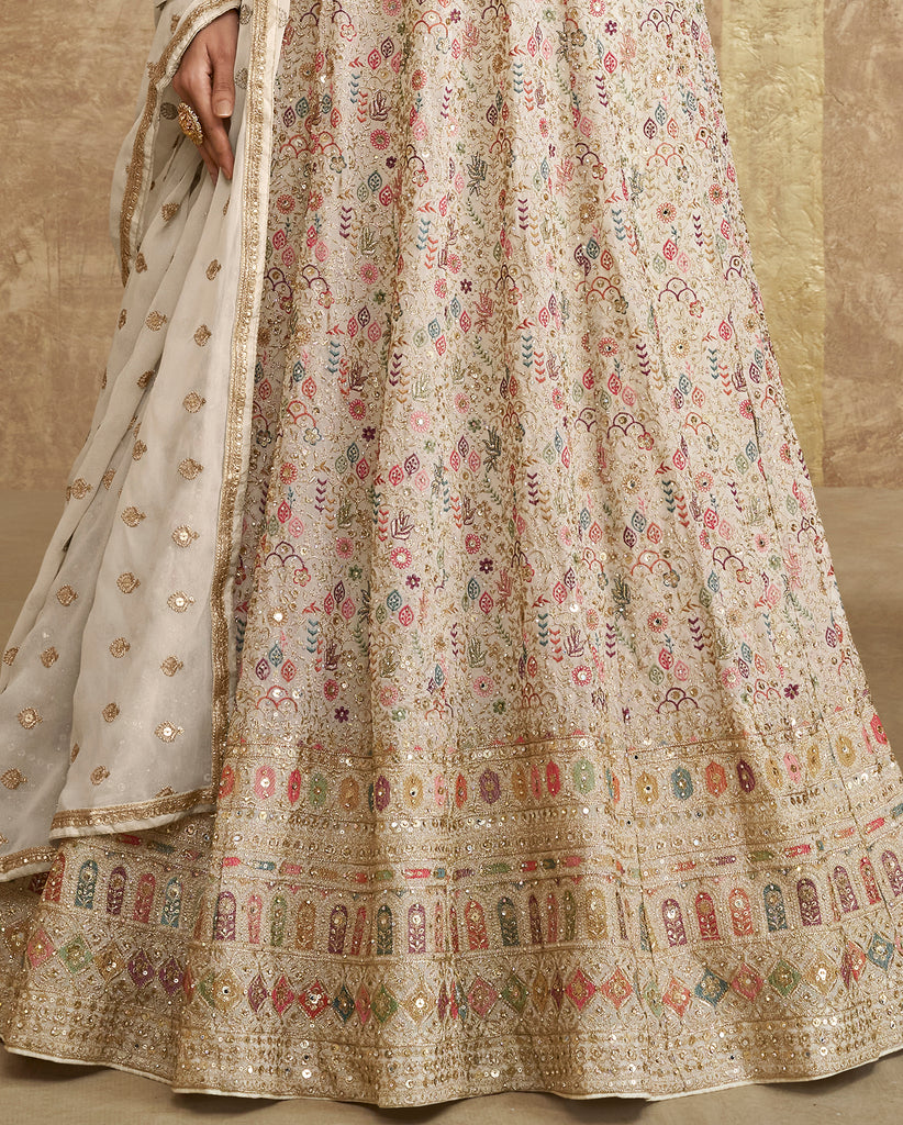 Cream Designer Heavy Embroidered Georgette Wedding Anarkali Gown-Saira's Boutique
