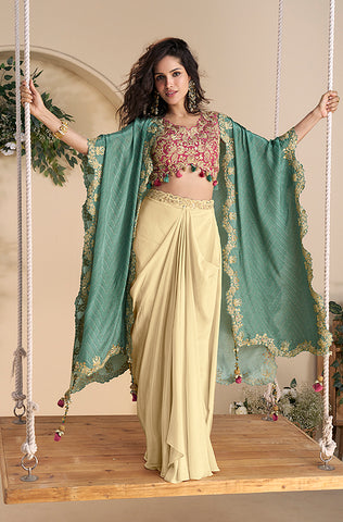 Winter Green Designer Embroidered Chinon Silk Party Wear Palazzo Suit