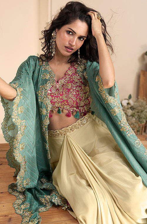 Cream & Pink Designer Embroidered Contemporary Style Lehenga with Shrug-Saira's Boutique
