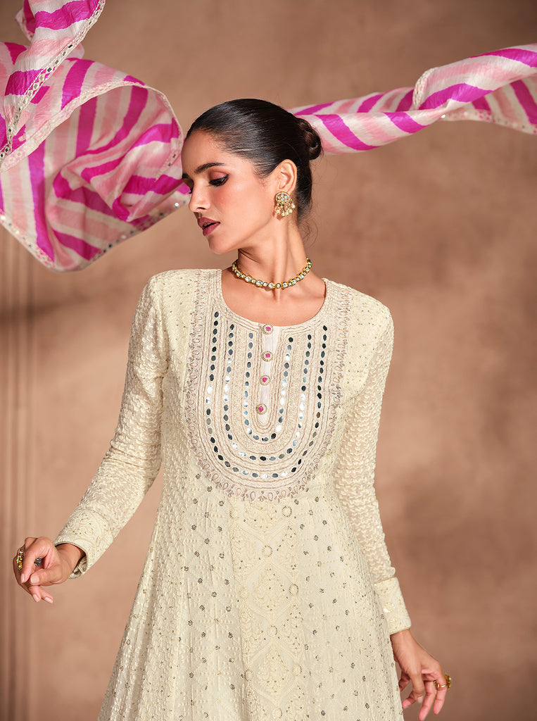 Cream & Pink Designer Heavy Embroidered Pure Georgette Anarkali Suit-Saira's Boutique