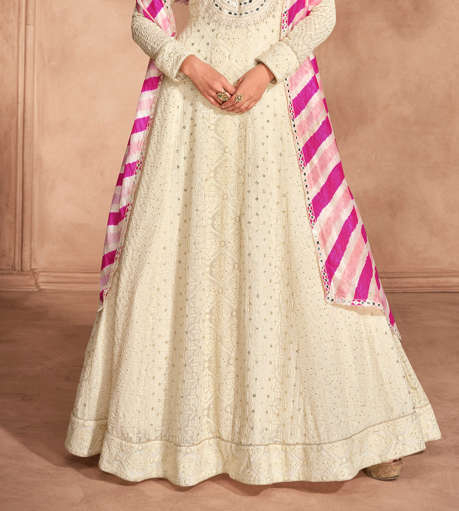 Cream & Pink Designer Heavy Embroidered Pure Georgette Anarkali Suit-Saira's Boutique