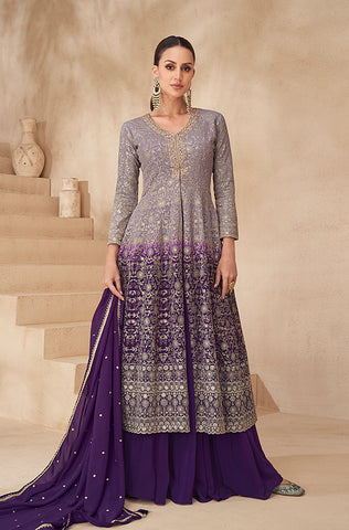 Mauve Designer Embroidered Silk Party Wear Sharara Suit