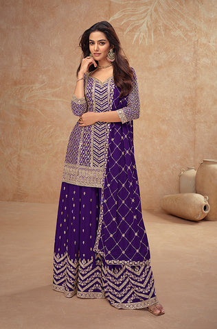 Mauve Designer Embroidered Silk Party Wear Sharara Suit