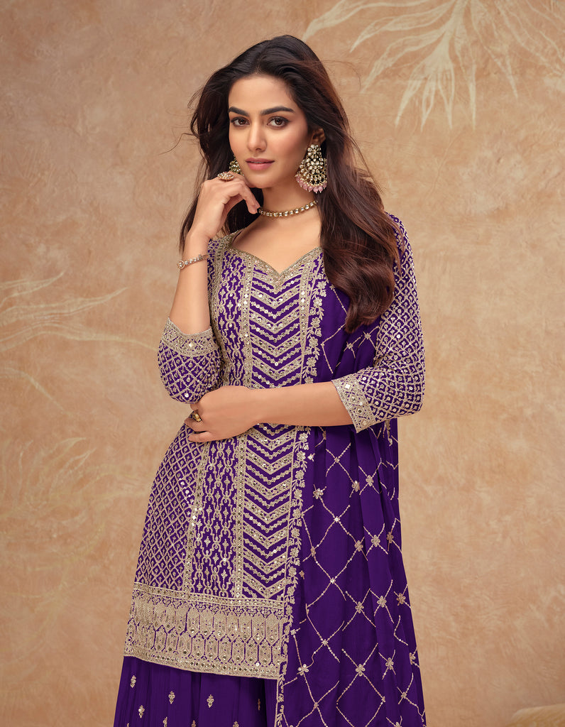 Dark Purple Designer Embroidered Wedding Sharara Suit-Saira's Boutique