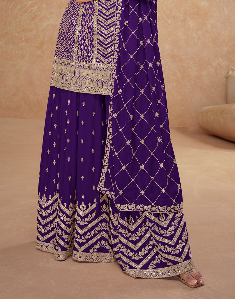 Dark Purple Designer Embroidered Wedding Sharara Suit-Saira's Boutique