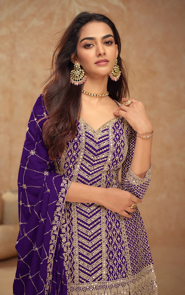 Dark Purple Designer Embroidered Wedding Sharara Suit-Saira's Boutique