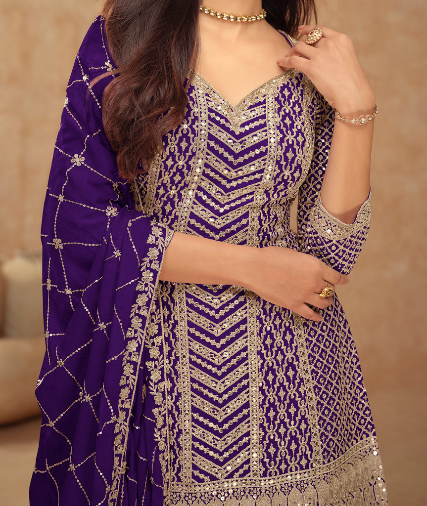 Dark Purple Designer Embroidered Wedding Sharara Suit-Saira's Boutique