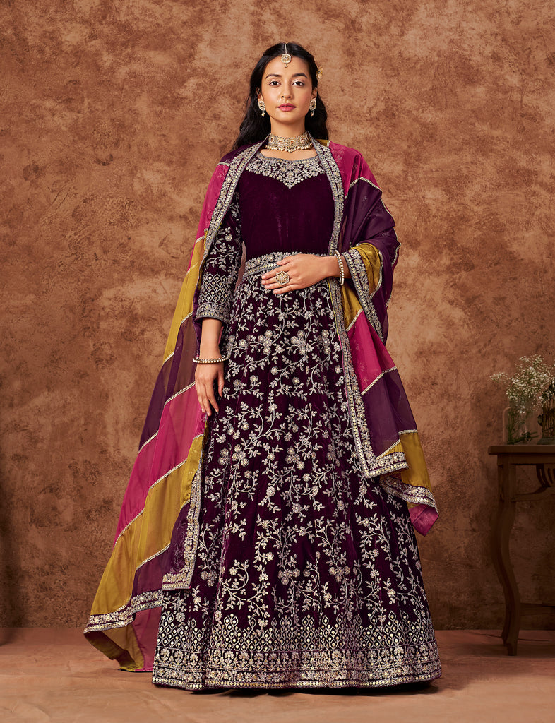 Dark Wine Designer Heavy Embroidered Velvet Anarkali Suit-Saira's Boutique