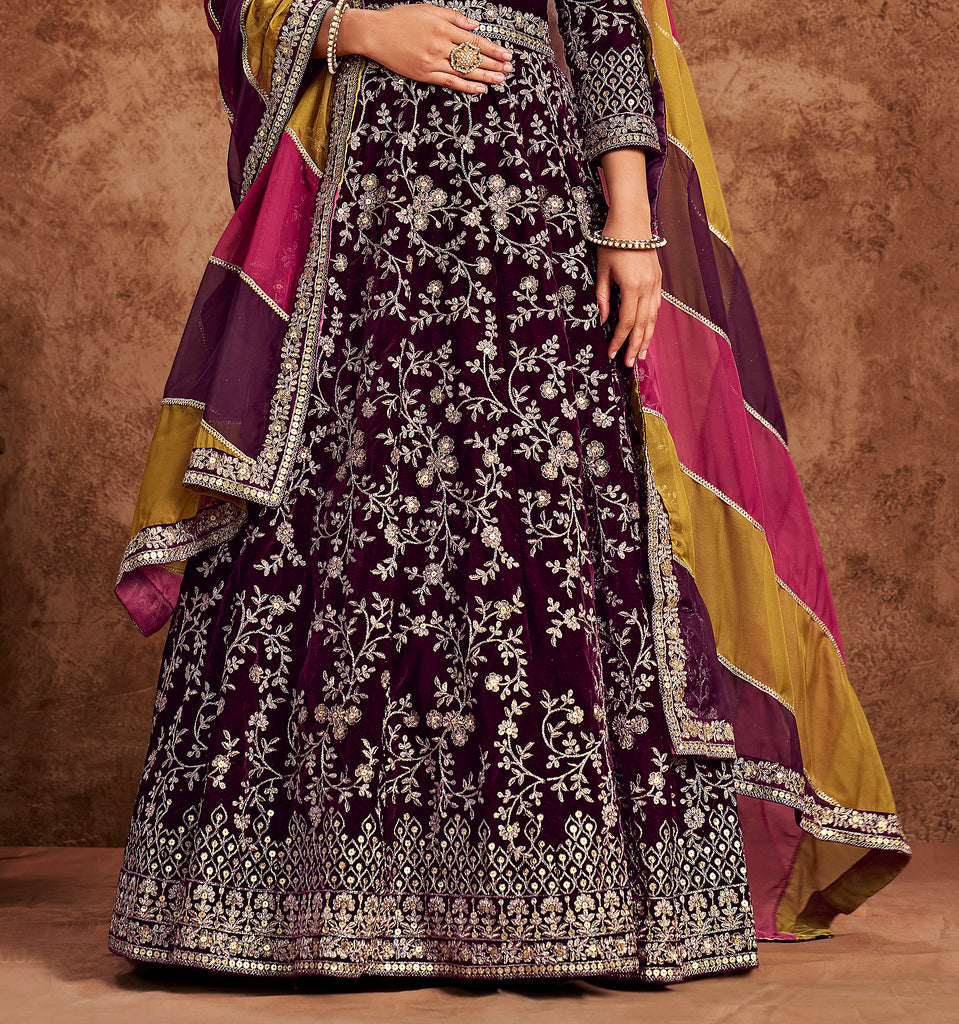 Dark Wine Designer Heavy Embroidered Velvet Anarkali Suit-Saira's Boutique