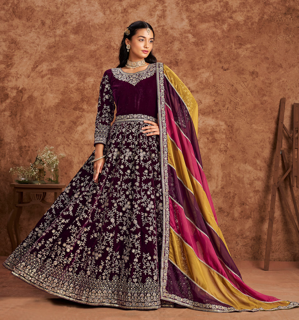 Dark Wine Designer Heavy Embroidered Velvet Anarkali Suit-Saira's Boutique