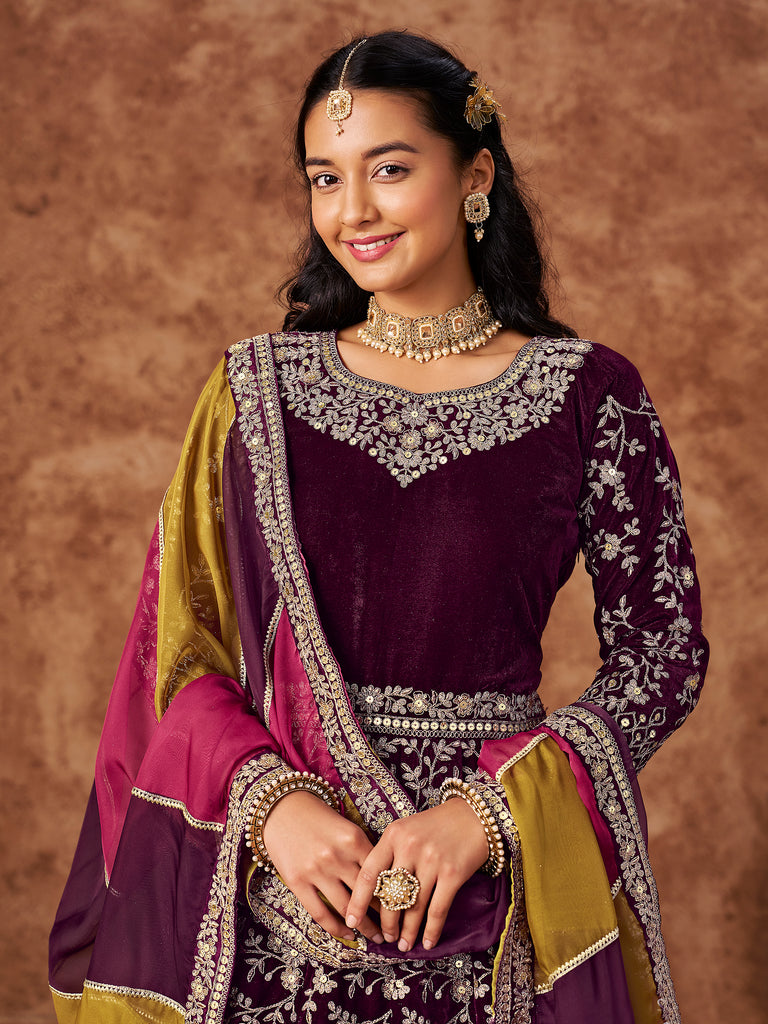 Dark Wine Designer Heavy Embroidered Velvet Anarkali Suit-Saira's Boutique