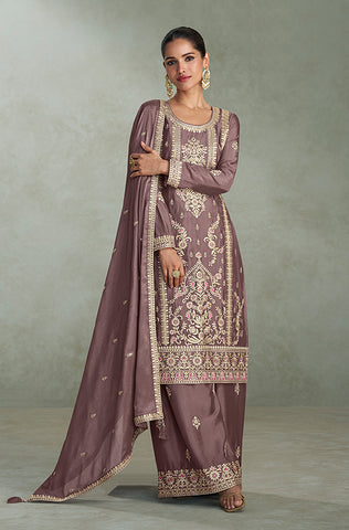Winter Green Designer Embroidered Chinon Silk Party Wear Palazzo Suit