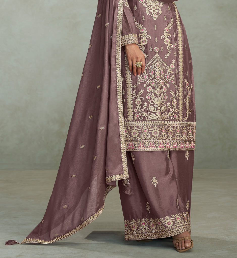 Deep Mauve Designer Embroidered Chinon Silk Party Wear Palazzo Suit-Saira's Boutique
