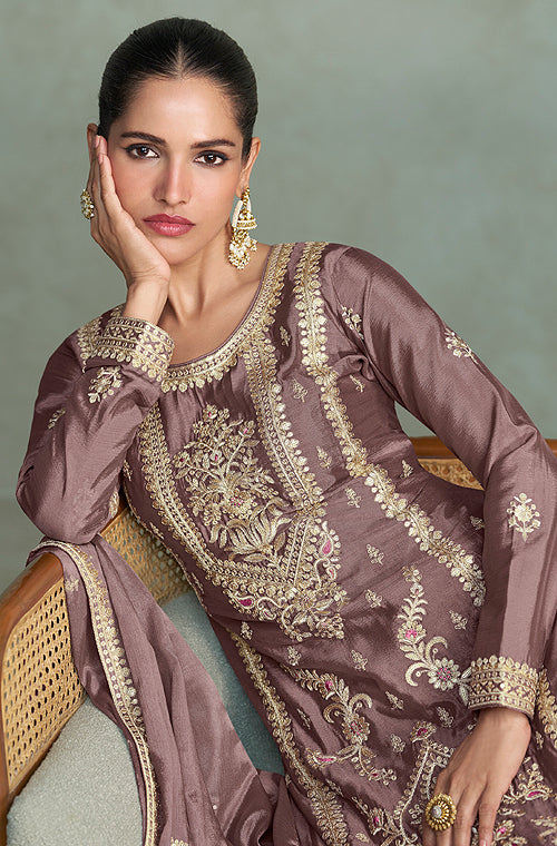 Deep Mauve Designer Embroidered Chinon Silk Party Wear Palazzo Suit-Saira's Boutique