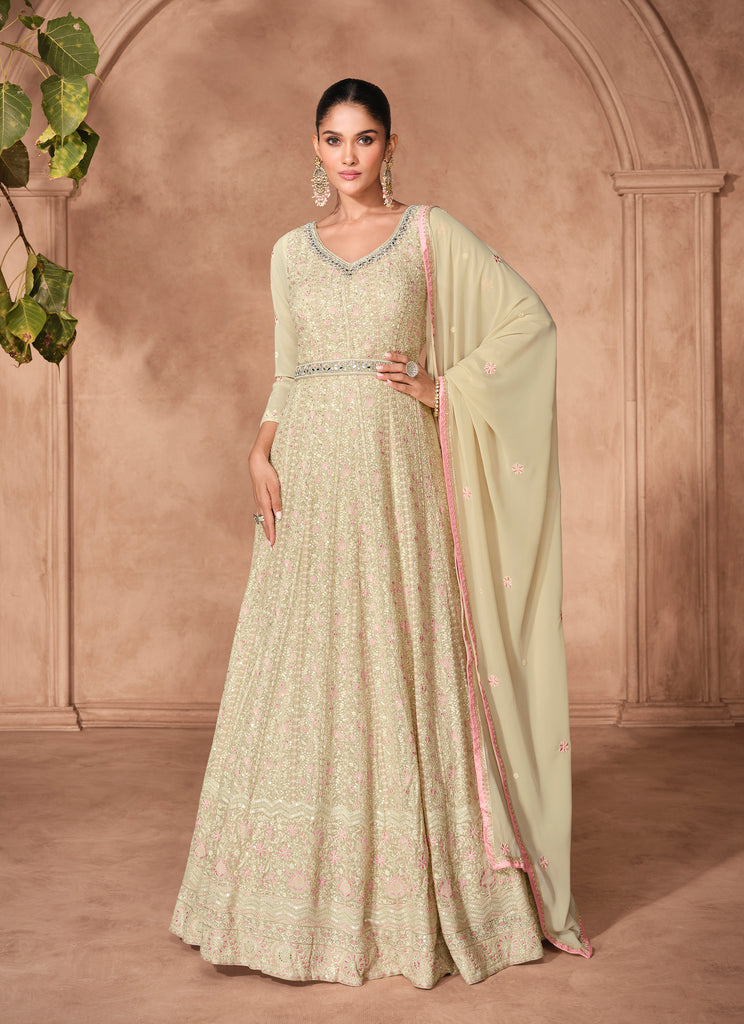 Dull Cream Designer Heavy Embroidered Pure Georgette Anarkali Suit-Saira's Boutique