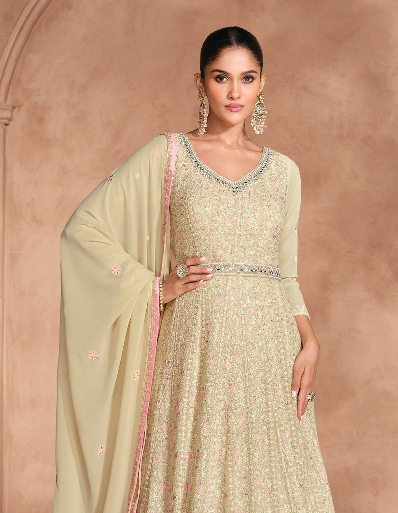 Dull Cream Designer Heavy Embroidered Pure Georgette Anarkali Suit-Saira's Boutique