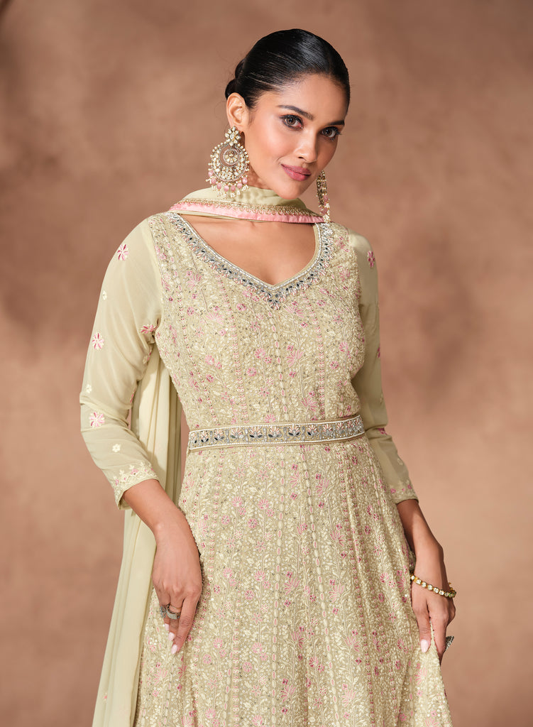 Dull Cream Designer Heavy Embroidered Pure Georgette Anarkali Suit-Saira's Boutique