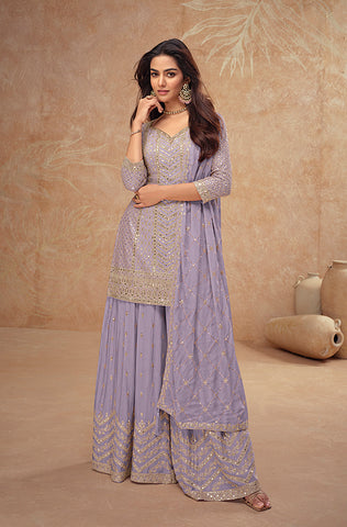 Mustard Designer Embroidered Silk Wedding Sharara Suit