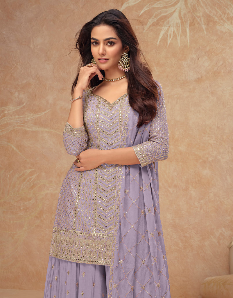 Dull Lavender Designer Embroidered Wedding Sharara Suit-Saira's Boutique