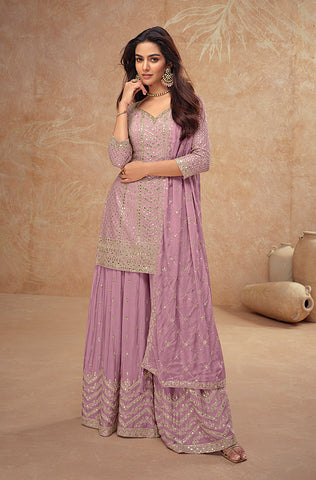 Mauve Designer Embroidered Silk Party Wear Sharara Suit