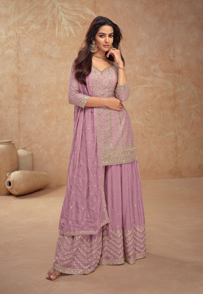 Dull Mauve Designer Embroidered Wedding Sharara Suit-Saira's Boutique