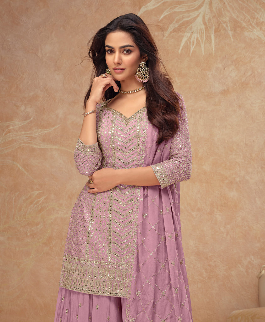 Dull Mauve Designer Embroidered Wedding Sharara Suit-Saira's Boutique