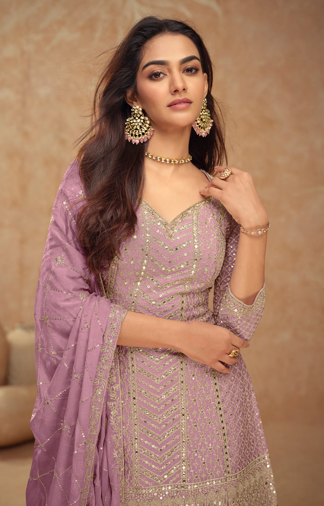 Dull Mauve Designer Embroidered Wedding Sharara Suit-Saira's Boutique