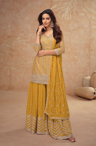 Mustard Designer Embroidered Silk Wedding Sharara Suit