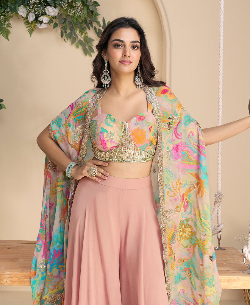 Dusty Blush Designer Embroidered Party Wear Palazzo Suit with Shrug-Saira's Boutique