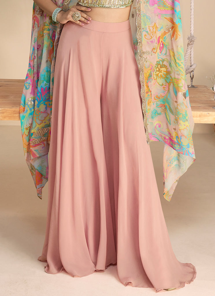 Dusty Blush Designer Embroidered Party Wear Palazzo Suit with Shrug-Saira's Boutique