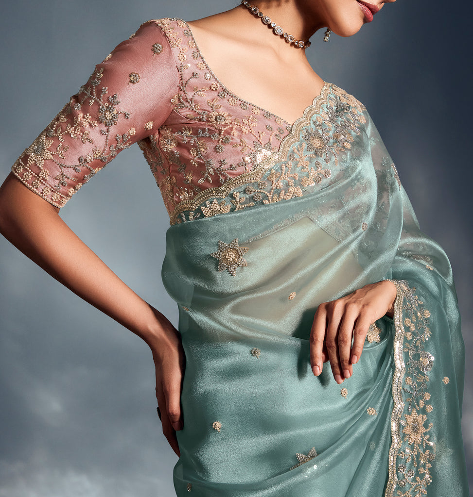 Dusty Mint Designer Embroidered Tissue Organza Wedding Party Wear Saree-Saira's Boutique