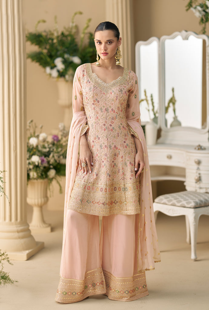 Dusty Peach Designer Embroidered Pure Georgette Wedding Palazzo Suit-Saira's Boutique