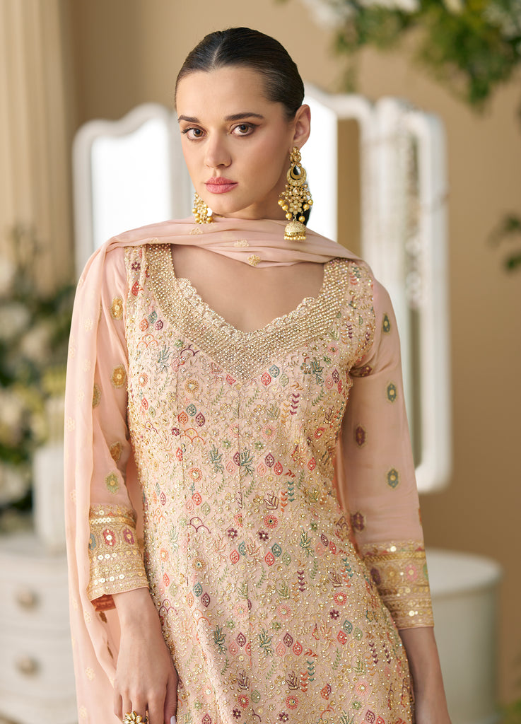 Dusty Peach Designer Embroidered Pure Georgette Wedding Palazzo Suit-Saira's Boutique