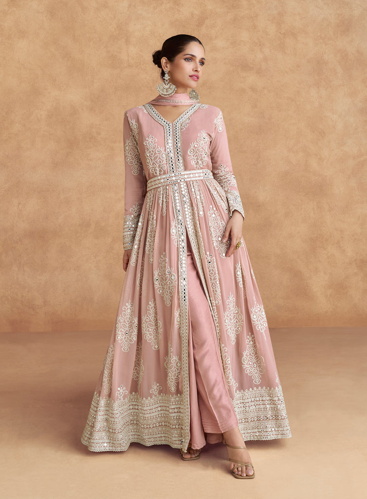 Dusty Rose Designer Embroidered Pure Georgette Pant Style Anarkali Suit-Saira's Boutique