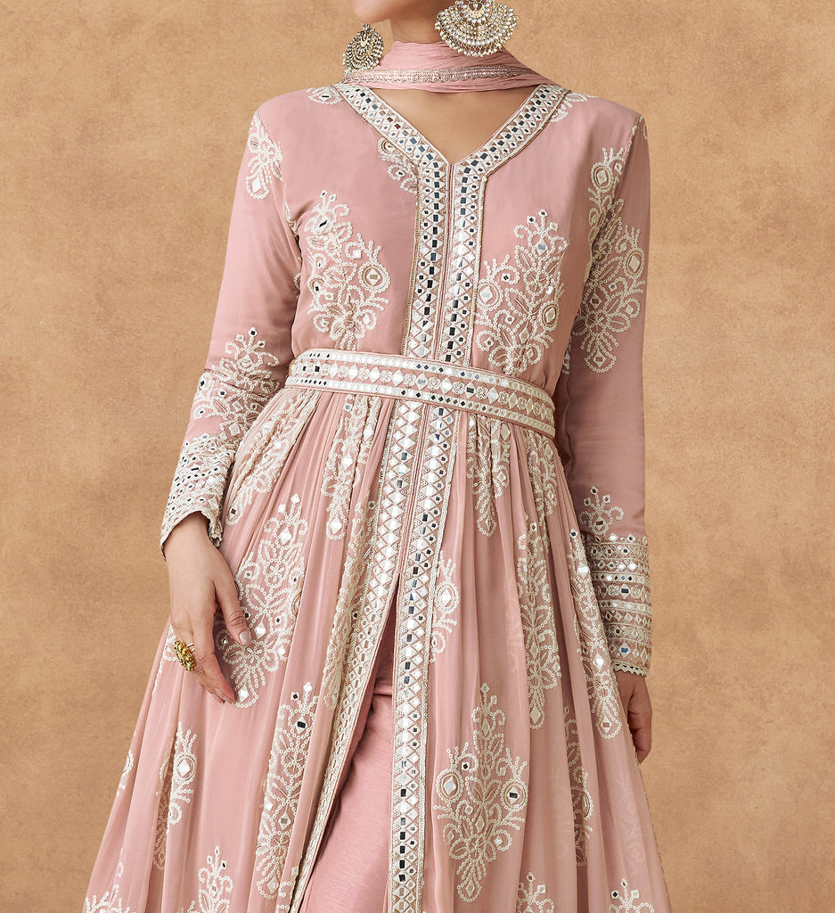 Dusty Rose Designer Embroidered Pure Georgette Pant Style Anarkali Suit-Saira's Boutique